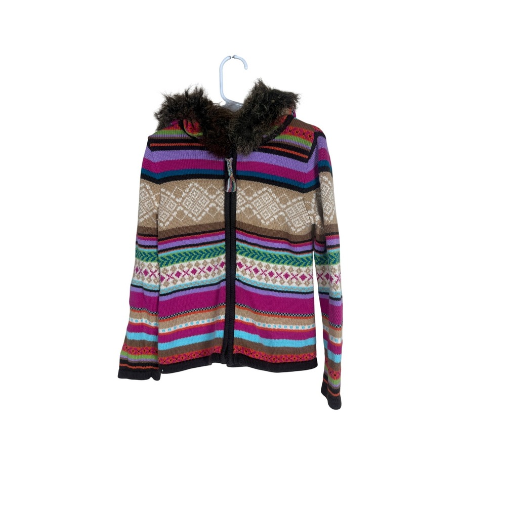 Gap Kids 5T Fair Isle Knit Zip-Up Hoodie Faux Fur Trim Multicolor Cotton